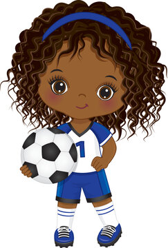 soccer girl holding ball, blue uniform clip art preview