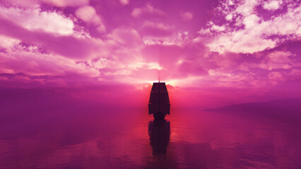 Obraz premium old ship at sea sunset illustration