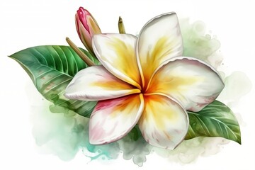 Watercolor Frangipani flower on white isolated background, wallpaper, textile design, generative ai