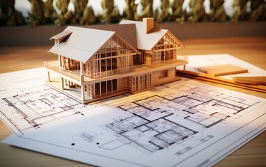 3d small house model on top of blueprints, floor plan. Drawing tools on the table. For construction, engineering, architecture project concept. Blurred background.