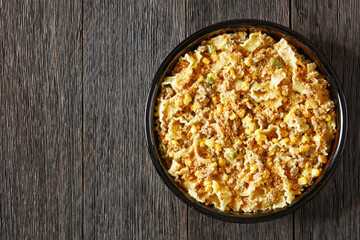 Creamy Corn Casserole with Sausage in baking dish