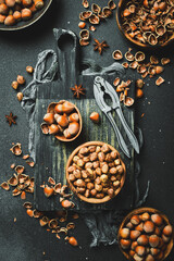 Hazelnut nut health organic brown filbert autumn background concept. Food background.