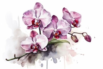 Watercolor Orchids flower on white isolated background, wallpaper, generative ai