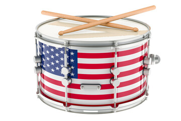 Marching drum with the USA flag, snare drum with drumsticks. 3D rendering isolated on transparent background