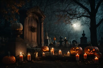 Obraz premium A Halloween backdrop featuring a jack-o'-lantern with burning candles, a spooky forest with a full moon, and pumpkins in a graveyard.