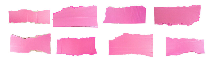 Collection of pink paper ripped messages torn with copy space, ripped kraft paper wallpaper, and pink wrapping vintage paper isolated top view, isolated on a transparent background. PNG, cutout, 