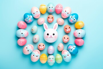  colorful easter bunny eggs arranged on a blue background