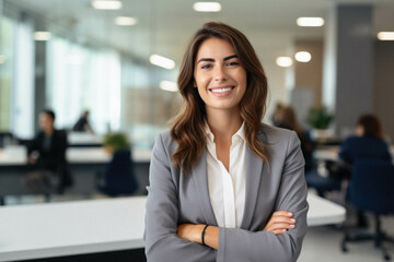 Portrait of smiling latin woman at workplace in the office. - obrazy, fototapety, plakaty
