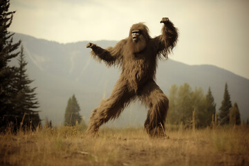 Bigfoot, also known as Sasquatch, is a legendary and elusive creature of North American folklore, often described as a large, ape-like hominid, computer Generative AI stock illustration image - obrazy, fototapety, plakaty