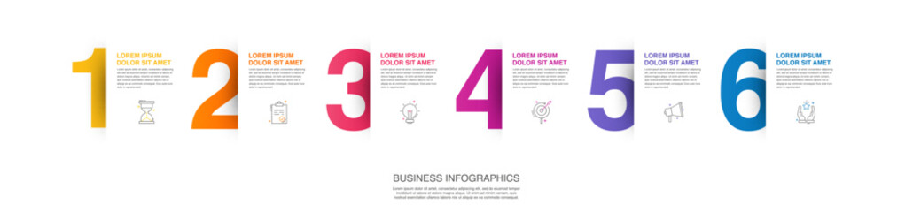 Modern vector flat illustration. Line infographic numbers template with six elements, icons. Timeline designed for business, presentations, web design, interface, diagrams with 6 steps