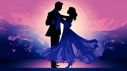 Purple silhouette of ballroom dancers who are dancing as a couple showing their technique skills at a Latin dance competition, Generative AI stock illustration image isolated on a white background - obrazy, fototapety, plakaty