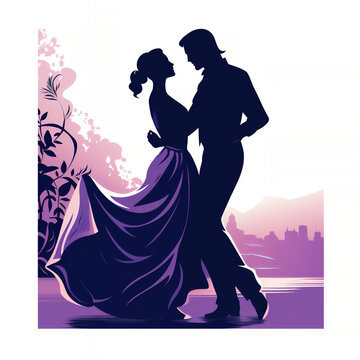 Purple silhouette of ballroom dancers who are dancing as a couple showing their technique skills at a Latin dance competition, Generative AI stock illustration image isolated on a white background