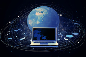 Global communication big data being transmitted across the world while using a laptop computer on the internet by the use of artificial intelligence, computer Generative AI stock illustration