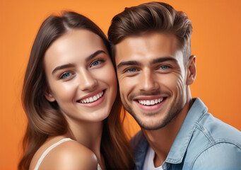 a young couple smiling on a solid color background