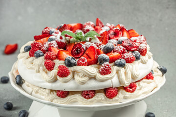 Dessert meringue with berries, cake Pavlova, catering banner, menu, recipe