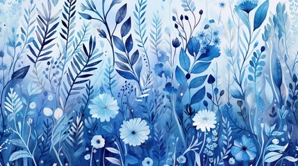 Watercolor blue Leaf plant botanical garden floral foliage.Seamless background pattern.AI generated - obrazy, fototapety, plakaty