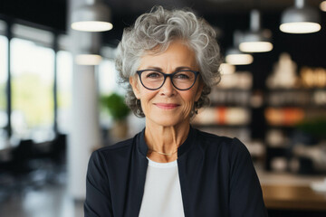 Smiling senior businesswoman in glasses looking at camera.