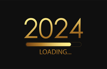 2024 New Year with gold progress bar. Golden loading bar on black background for Christmas, greeting cards. Design template for holiday