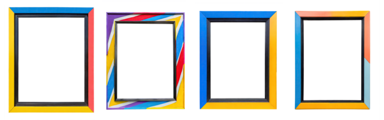 Collection of simple colorful thin metal picture frame borders for modern walls, isolated on transparent background. PNG, cutout, or clipping path.