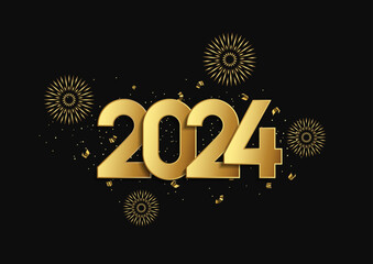 New year 2024 celebrations gold greetings poster with firework elements isolated over black background.