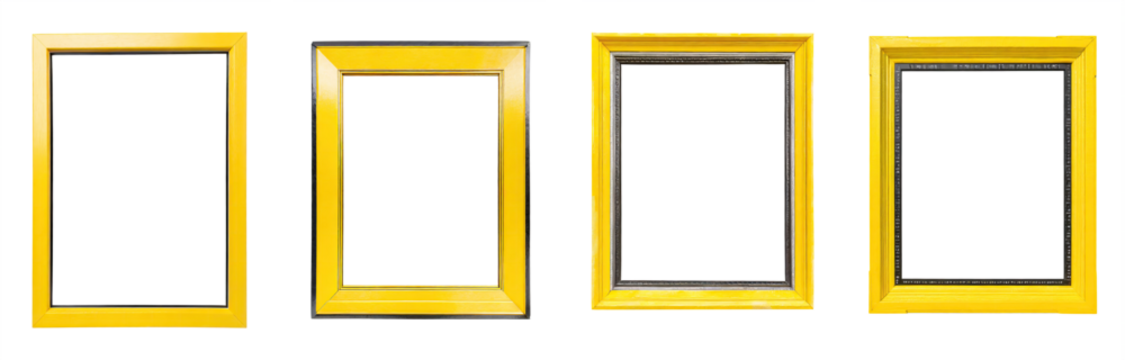 Collection of simple yellow thin metal picture frame borders for modern walls, isolated on transparent background. PNG, cutout, or clipping path.