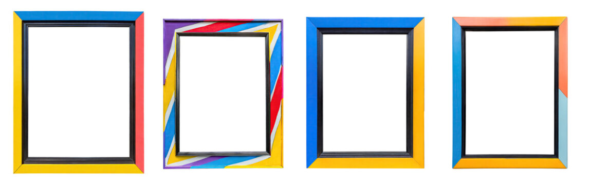 Collection of simple colorful thin metal picture frame borders for modern walls, isolated on transparent background. PNG, cutout, or clipping path.