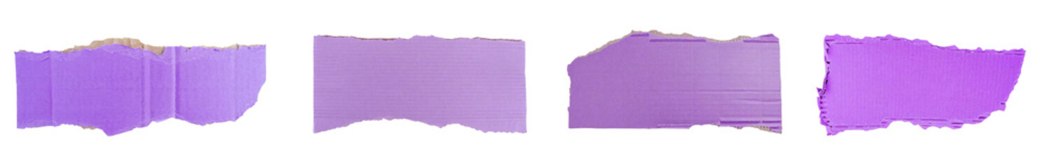 collection of blank ripped violet  torn cardboard piece, copy space for text ,note paper piece label , isolated on a transparent background. PNG, cutout, or clipping path	
