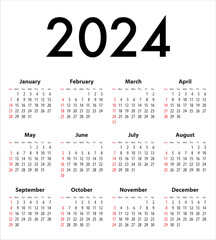 English Calendar grid for 2024. Best for calendar print, business, web design, office needs and presentations. Sundays first. Vector illustration