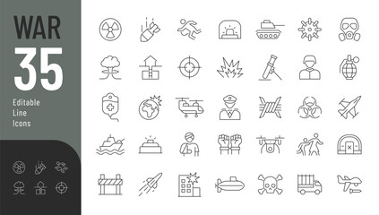 War Line Editable Icons set. Vector illustration in modern thin line style of military action related  icons: military equipment, weapons, shelter, soldiers, injured and killed residents, and other. - obrazy, fototapety, plakaty