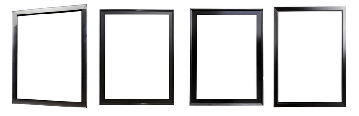 Collection of simple black thin metal picture frame borders for modern walls, isolated on transparent background. PNG, cutout, or clipping path.