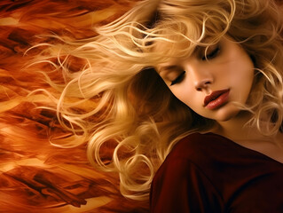 Blonde beauty contrasted with swirling maroon gold vortex backdrop