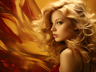 Blonde beauty contrasted with swirling maroon gold vortex backdrop