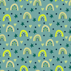 A set of seamless doodle rainbow pattern. Modern groovy hippie abstract arch floral confetti hearts and stars vibrant background. EPS 10