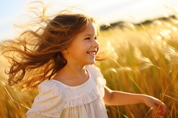 Happy little girl in wheat field at sunset or sunrise. Kid having fun outdoors.