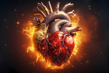 Human heart in fire. Conceptual image of heart attack
