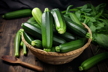 Raw ripe zucchinis in wicker bowl on wooden table, top view