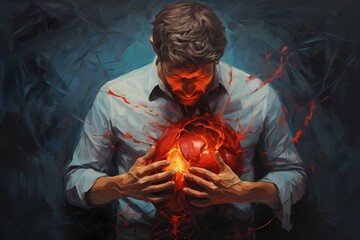 Man with a ball of fire in his hands, conceptual image of heart attack.