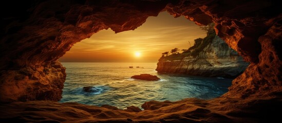 Mountain cave reveals stunning vintage sea sunset With copyspace for text