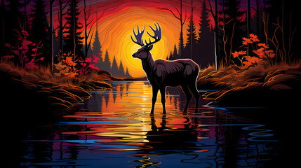 Deer of North American, drinking water from a clear stream