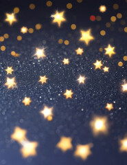 Abstract dark background with bright yellow flashes, bokeh effect. Background with black sparkles and gold stars.