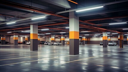 a well-lit and secure parking garage, emphasizing safety measures that protect vehicles and pedestrians alike - obrazy, fototapety, plakaty