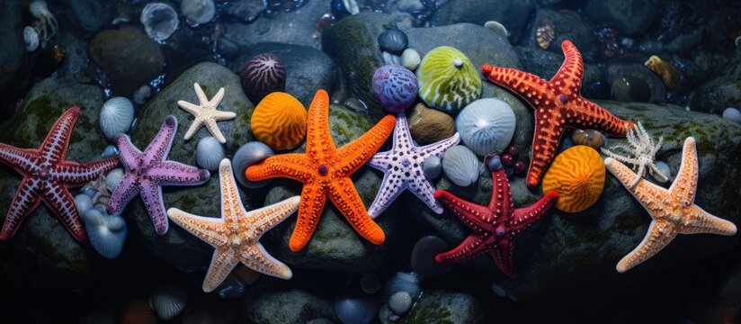 Ochre sea stars Pisaster ochraceus on rocks indicate intertidal zone health in northern Oregon coast With copyspace for text