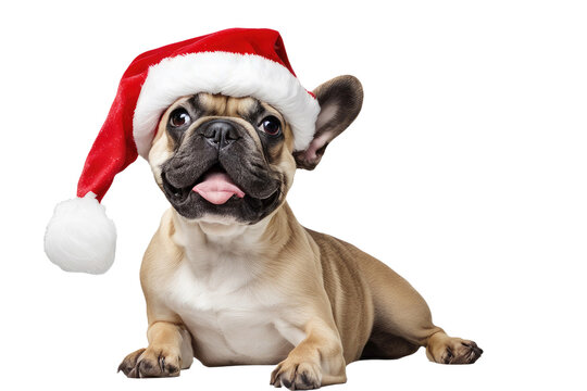 a high quality stock photograph of a single french bulldog with a santa hat isolated on a white background