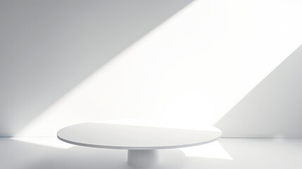 White empty room with table, light background with shadows, sunlight Minimalistic concept. Generative AI