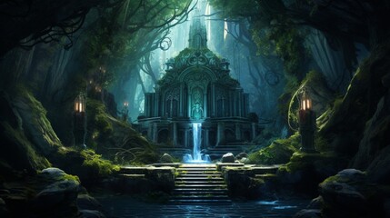 an ancient, mystical temple hidden deep within a mystical forest, a sanctuary for seekers of wisdom