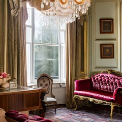 A vintage, Victorian-era parlor with plush velvet furniture, lace curtains, and antique accessories3, Generative AI