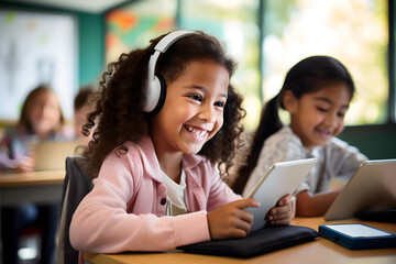 Happy little cute girl using tablet for learning in classroom at school, Digital devices in daily lives, Digital native, The Alpha Generation - obrazy, fototapety, plakaty
