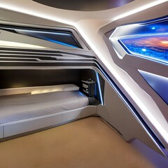 A futuristic, sci-fi spaceship-themed bedroom with glowing LED accents and metallic surfaces5, Generative AI