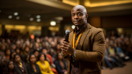 Showcase the dynamic essence of your conference with a close-up shot of a charismatic keynote speaker captivating the audience. Perfect for conference promotion and speaker highlights.