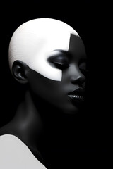 Ethereal Illusion: Surreal Close-Up Highlights Woman's Black and White Makeup